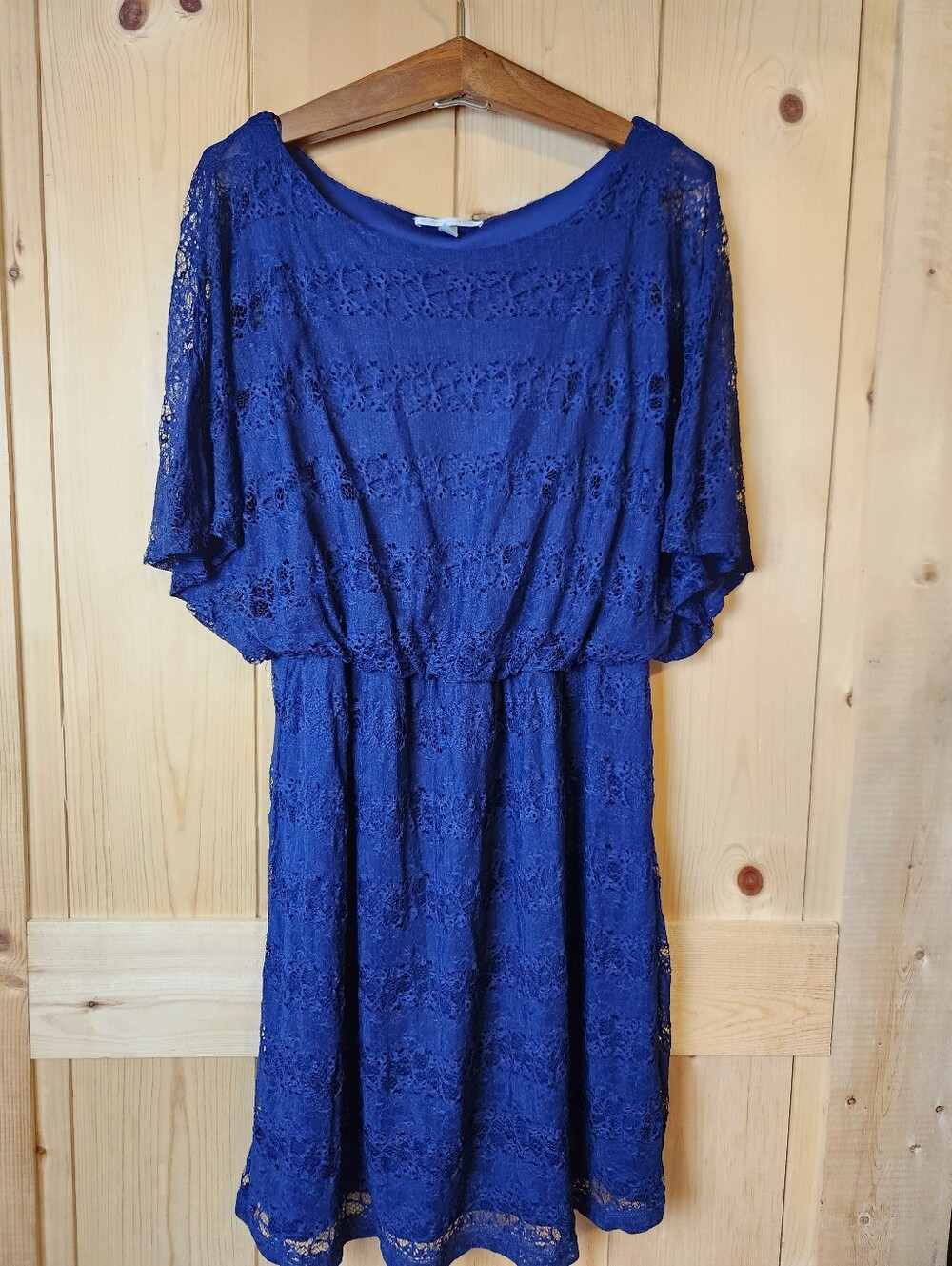 Maria Gabrielle Navy Lace Blouson Batwing Sleeve Elastic Waist Pull-On Dress